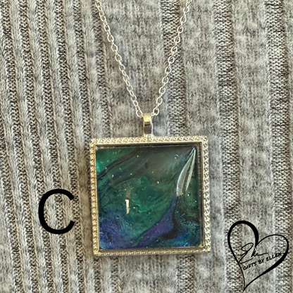 Fluid Art Necklace, Square Pendant, Glass Cabochon, Peacock Collection