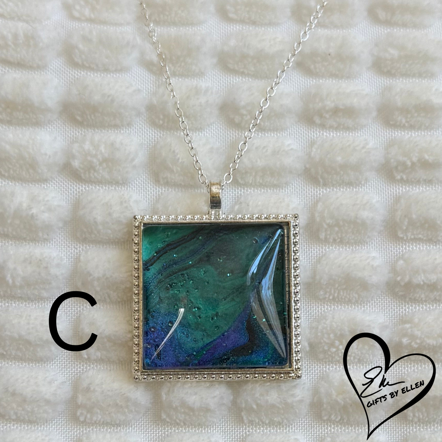 Fluid Art Necklace, Square Pendant, Glass Cabochon, Peacock Collection