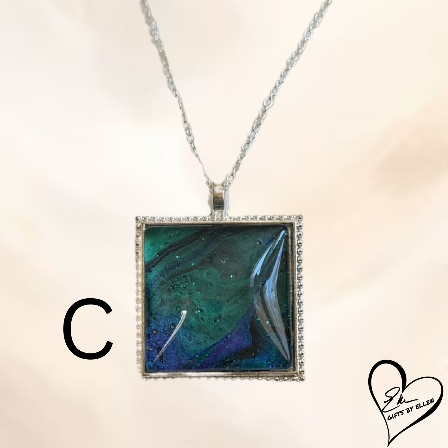 Fluid Art Necklace, Square Pendant, Glass Cabochon, Peacock Collection