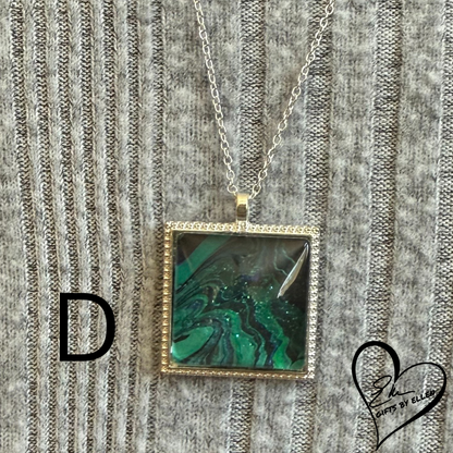 Fluid Art Necklace, Square Pendant, Glass Cabochon, Peacock Collection