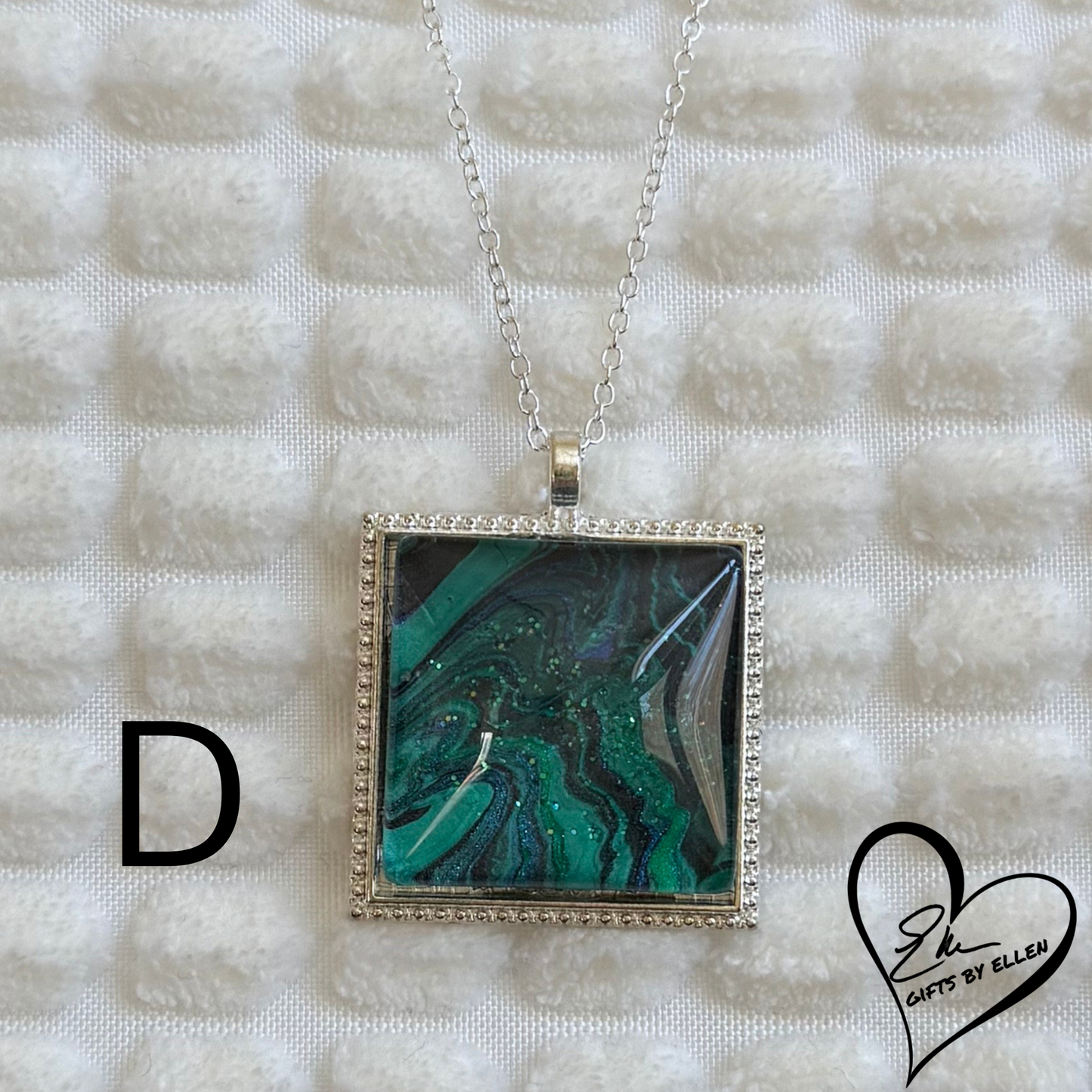 Fluid Art Necklace, Square Pendant, Glass Cabochon, Peacock Collection