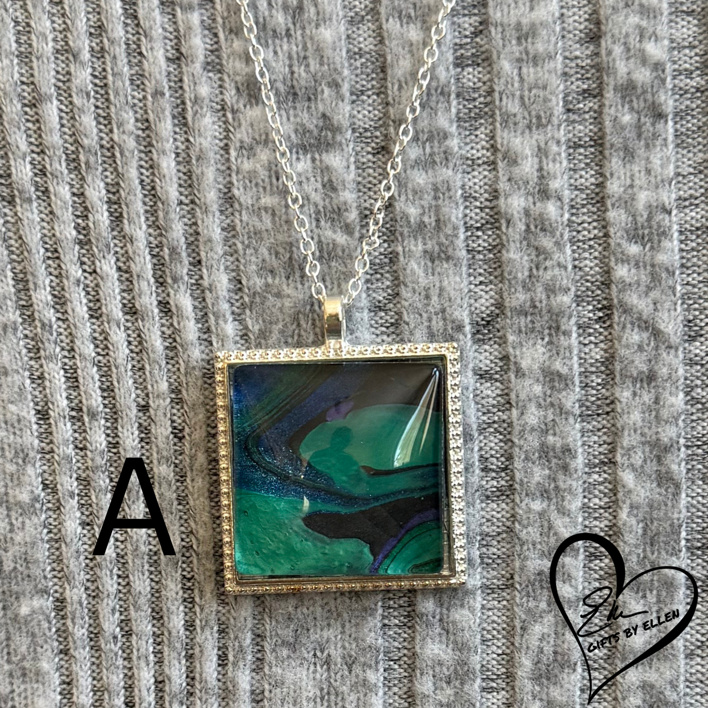 Fluid Art Necklace, Square Pendant, Glass Cabochon, Peacock Collection