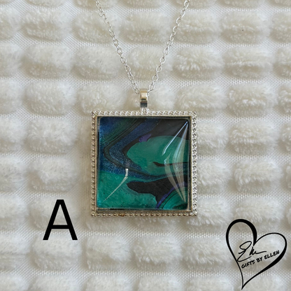 Fluid Art Necklace, Square Pendant, Glass Cabochon, Peacock Collection