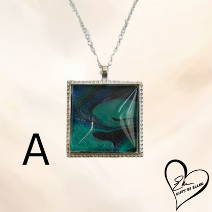 Fluid Art Necklace, Square Pendant, Glass Cabochon, Peacock Collection