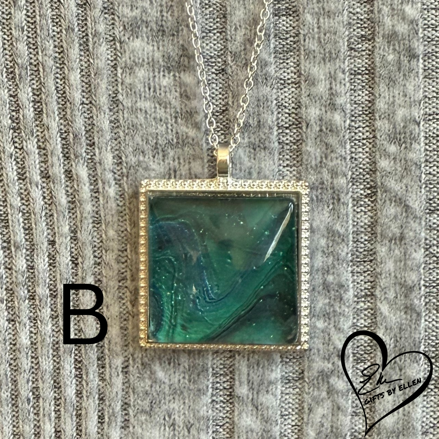 Fluid Art Necklace, Square Pendant, Glass Cabochon, Peacock Collection