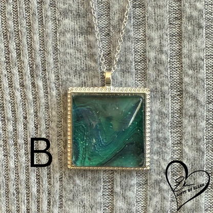 Fluid Art Necklace, Square Pendant, Glass Cabochon, Peacock Collection