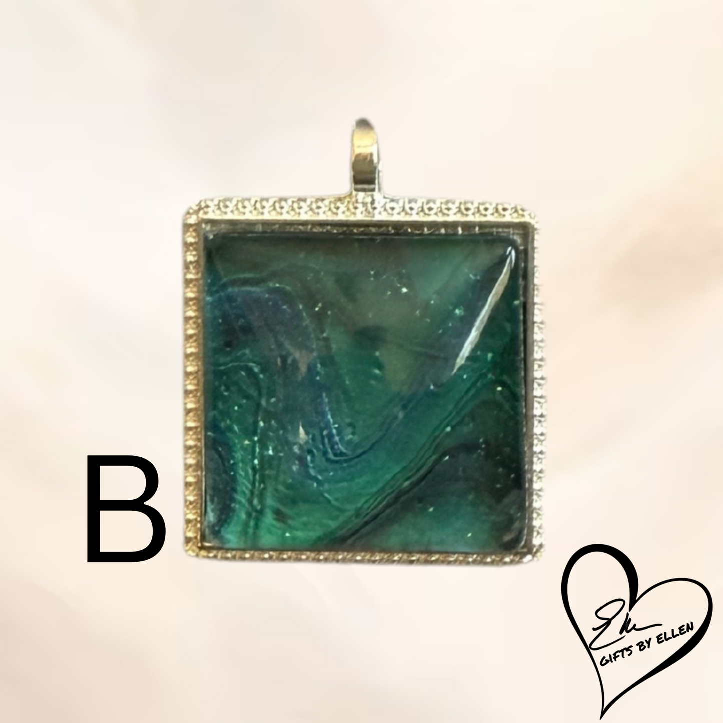 Fluid Art Necklace, Square Pendant, Glass Cabochon, Peacock Collection