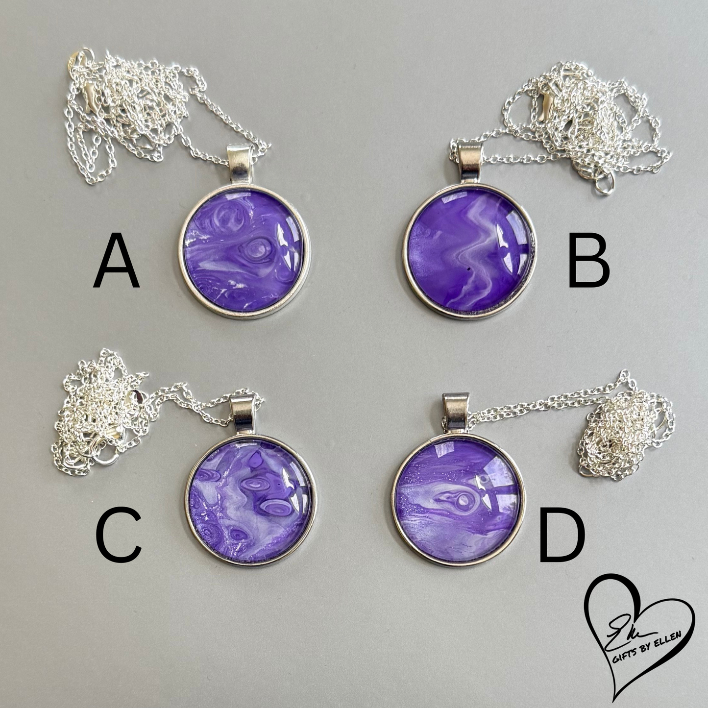 Fluid Art Necklace, Round Pendant, Glass Cabochon, Purple Passion Collection