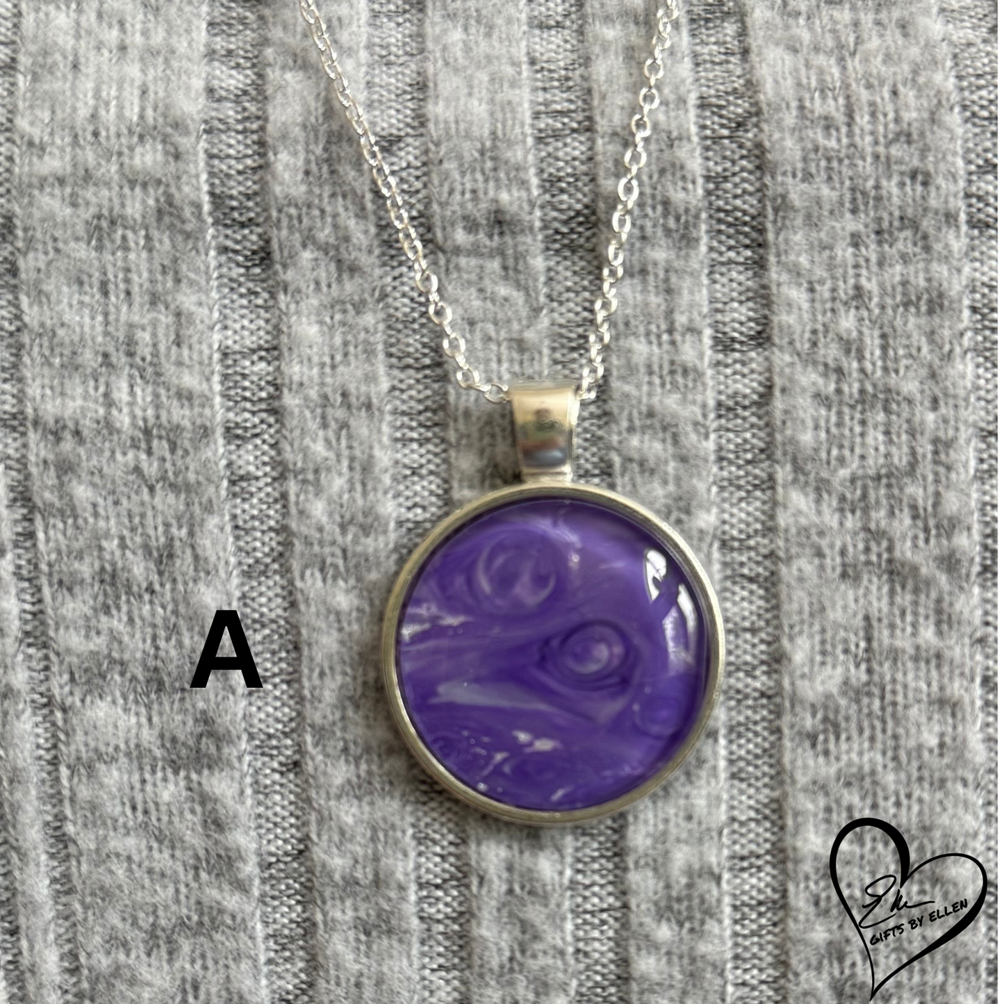 Fluid Art Necklace, Round Pendant, Glass Cabochon, Purple Passion Collection