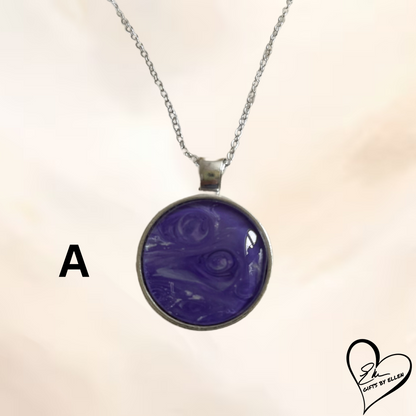 Fluid Art Necklace, Round Pendant, Glass Cabochon, Purple Passion Collection