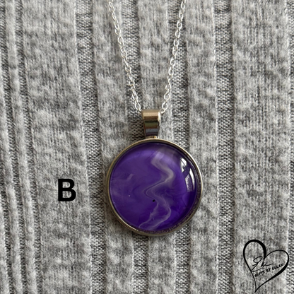 Fluid Art Necklace, Round Pendant, Glass Cabochon, Purple Passion Collection