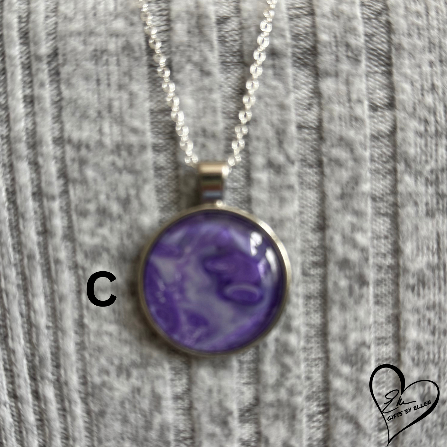 Fluid Art Necklace, Round Pendant, Glass Cabochon, Purple Passion Collection