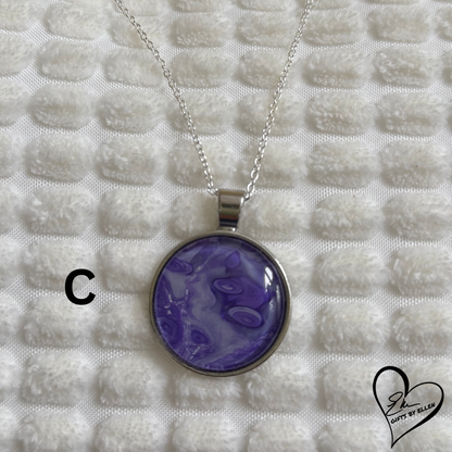 Fluid Art Necklace, Round Pendant, Glass Cabochon, Purple Passion Collection