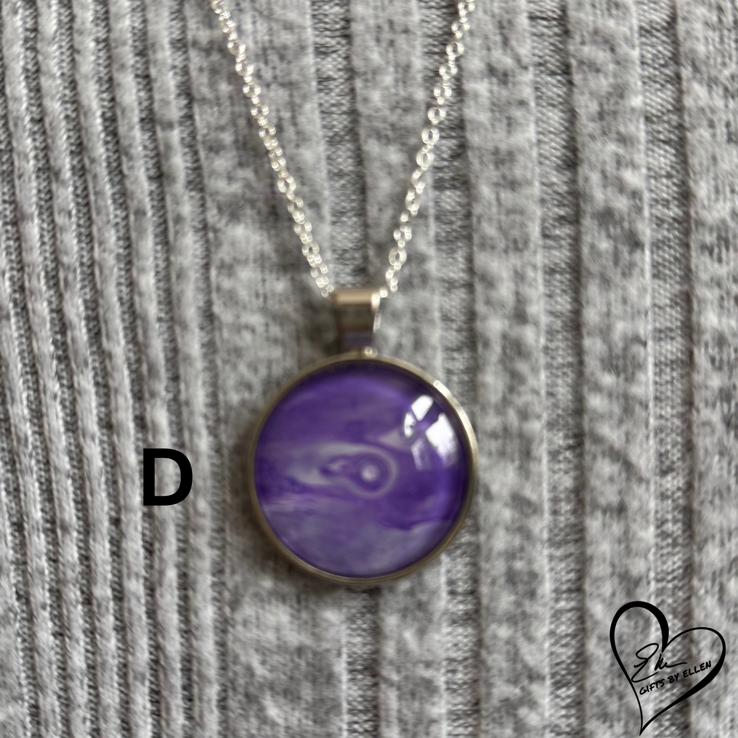 Fluid Art Necklace, Round Pendant, Glass Cabochon, Purple Passion Collection