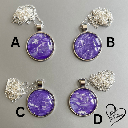 Fluid Art Necklace, Round Pendant, Glass Cabochon, Purple Passion Collection