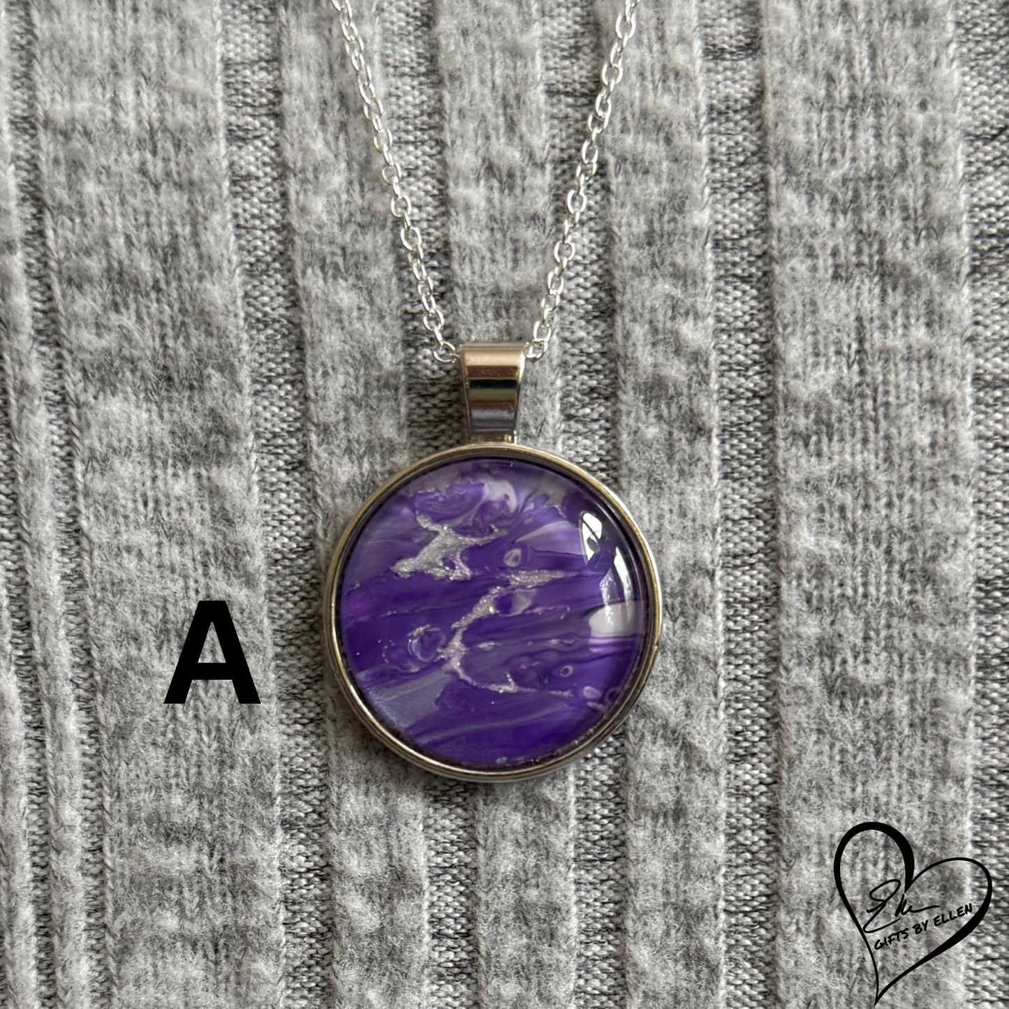 Fluid Art Necklace, Round Pendant, Glass Cabochon, Purple Passion Collection