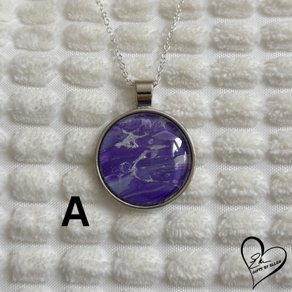 Fluid Art Necklace, Round Pendant, Glass Cabochon, Purple Passion Collection