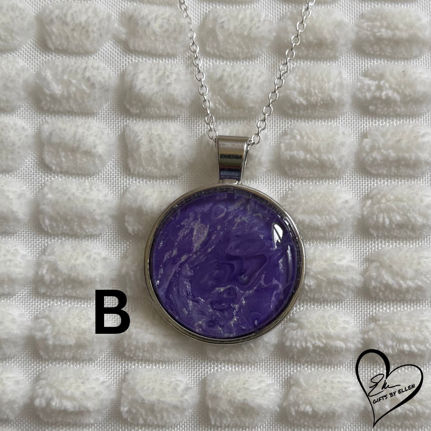 Fluid Art Necklace, Round Pendant, Glass Cabochon, Purple Passion Collection