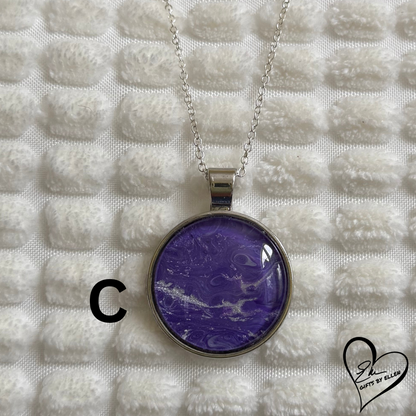 Fluid Art Necklace, Round Pendant, Glass Cabochon, Purple Passion Collection