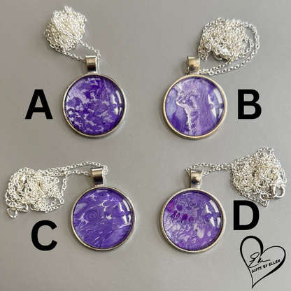 Fluid Art Necklace, Round Pendant, Glass Cabochon, Purple Passion Collection