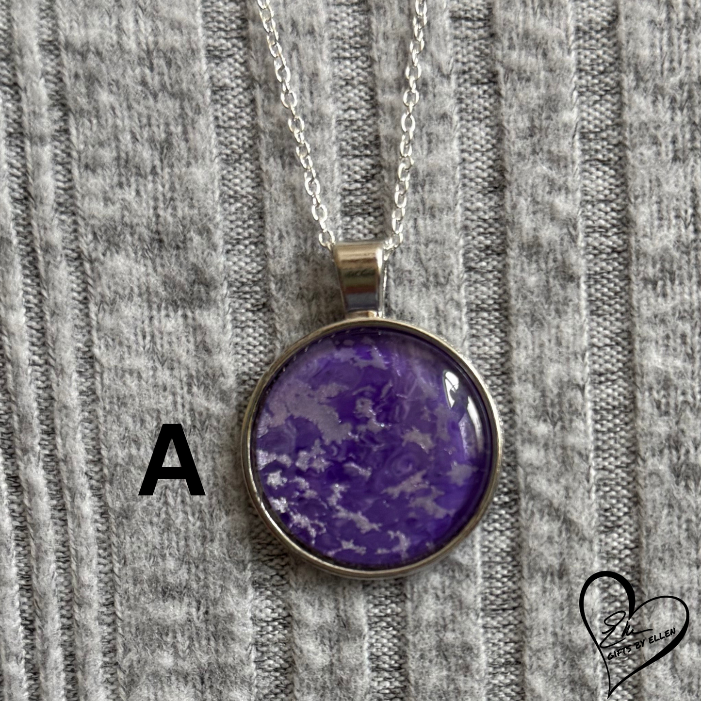 Fluid Art Necklace, Round Pendant, Glass Cabochon, Purple Passion Collection