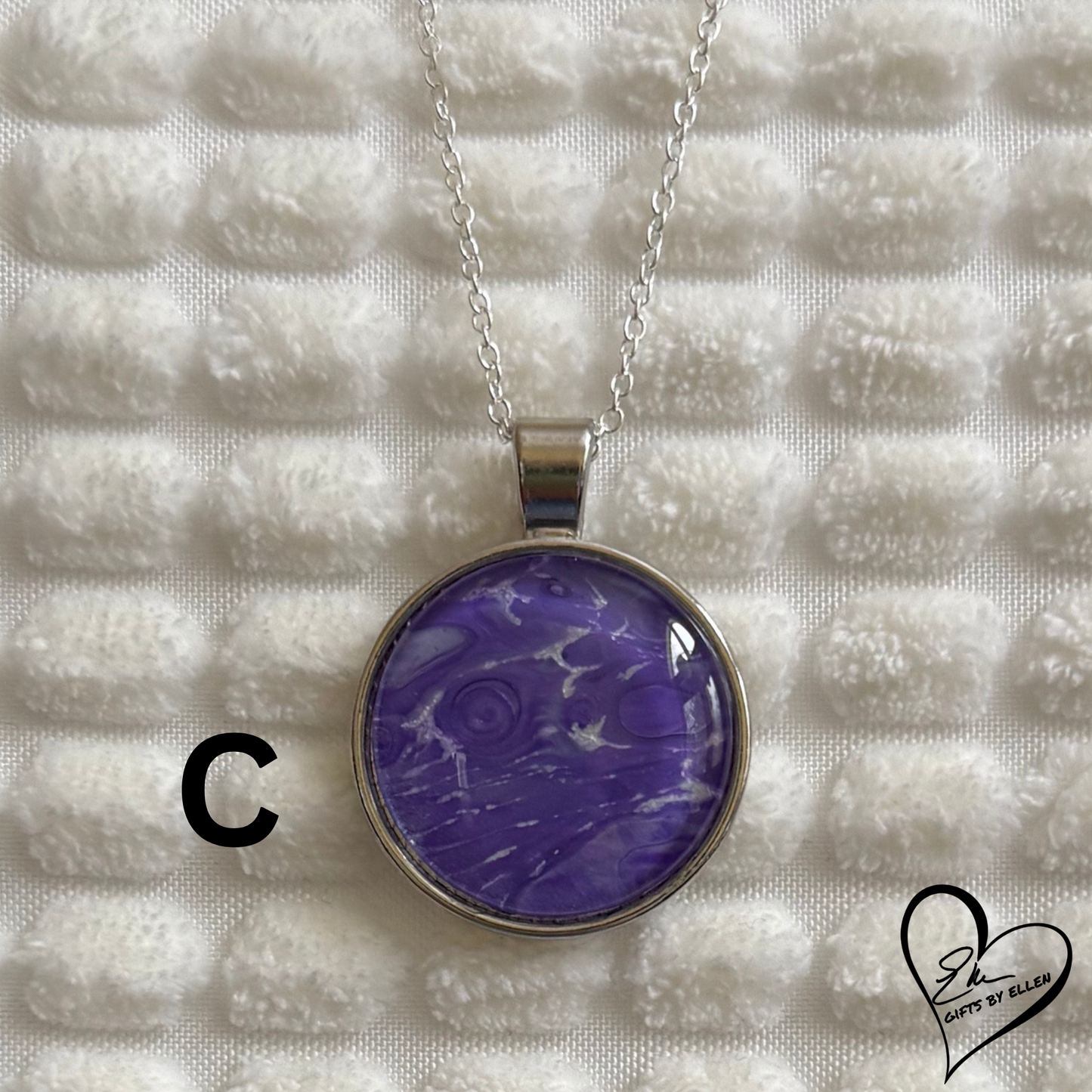 Fluid Art Necklace, Round Pendant, Glass Cabochon, Purple Passion Collection