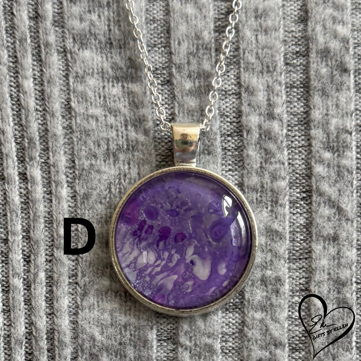 Fluid Art Necklace, Round Pendant, Glass Cabochon, Purple Passion Collection