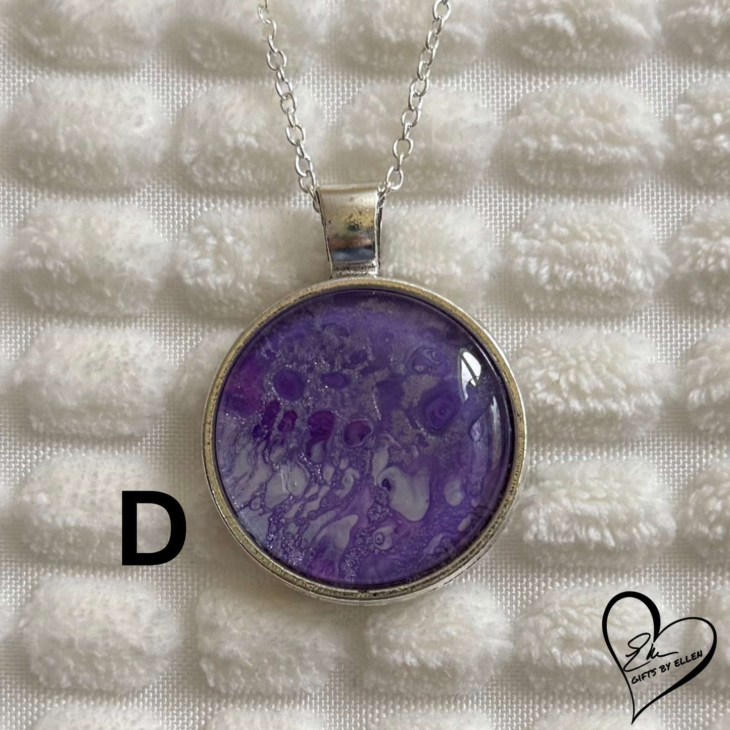 Fluid Art Necklace, Round Pendant, Glass Cabochon, Purple Passion Collection