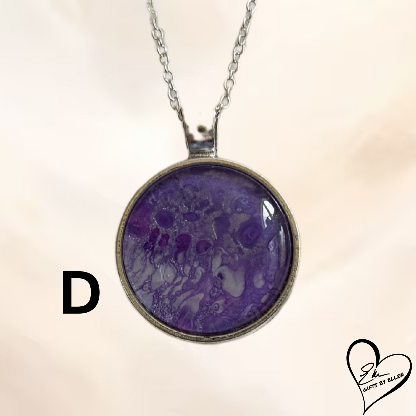 Fluid Art Necklace, Round Pendant, Glass Cabochon, Purple Passion Collection