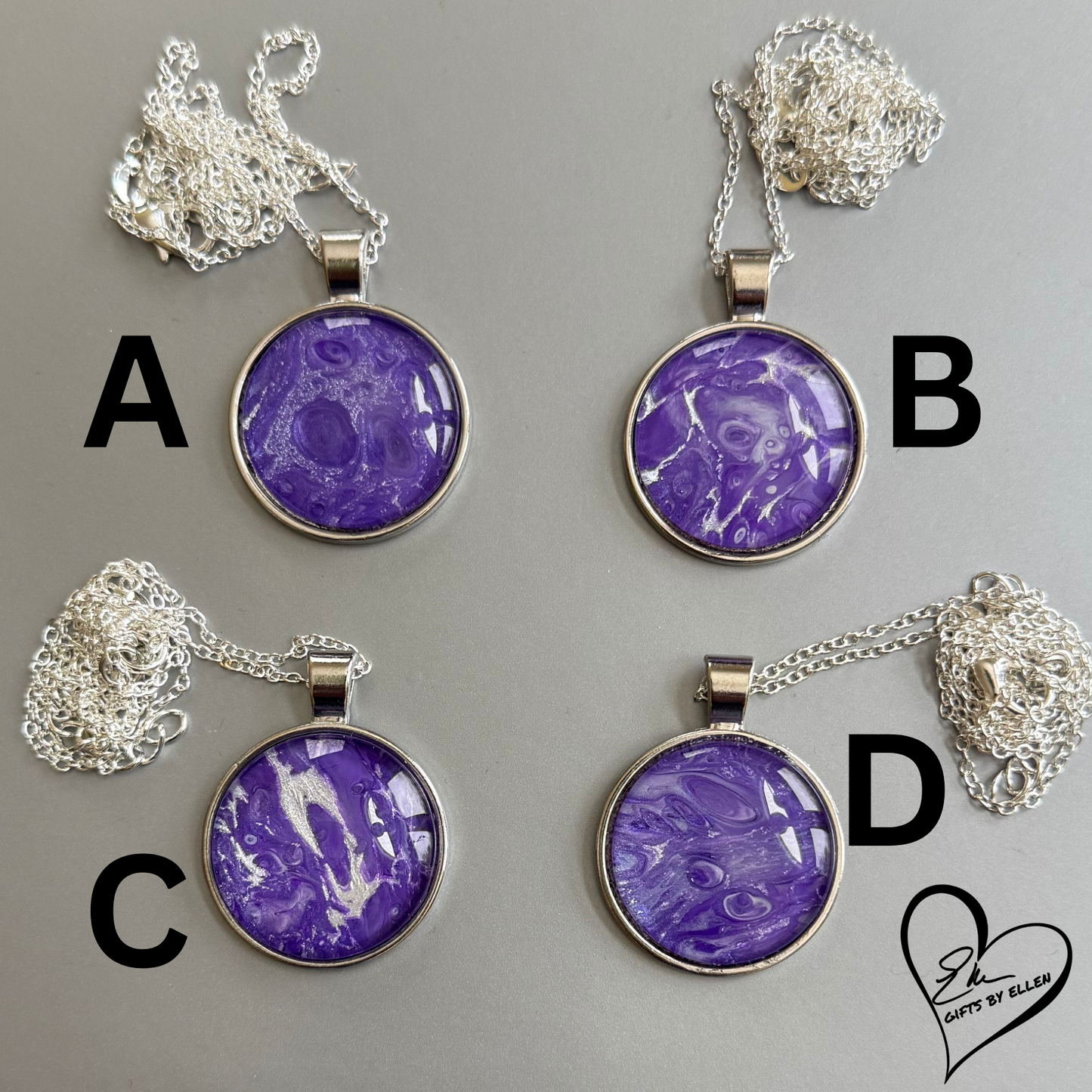 Fluid Art Necklace, Round Pendant, Glass Cabochon, Purple Passion Collection