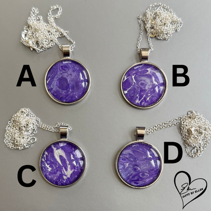 Fluid Art Necklace, Round Pendant, Glass Cabochon, Purple Passion Collection