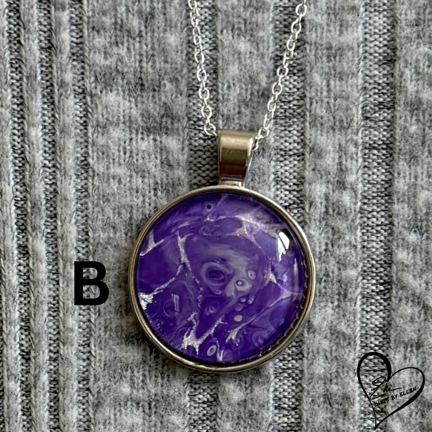 Fluid Art Necklace, Round Pendant, Glass Cabochon, Purple Passion Collection