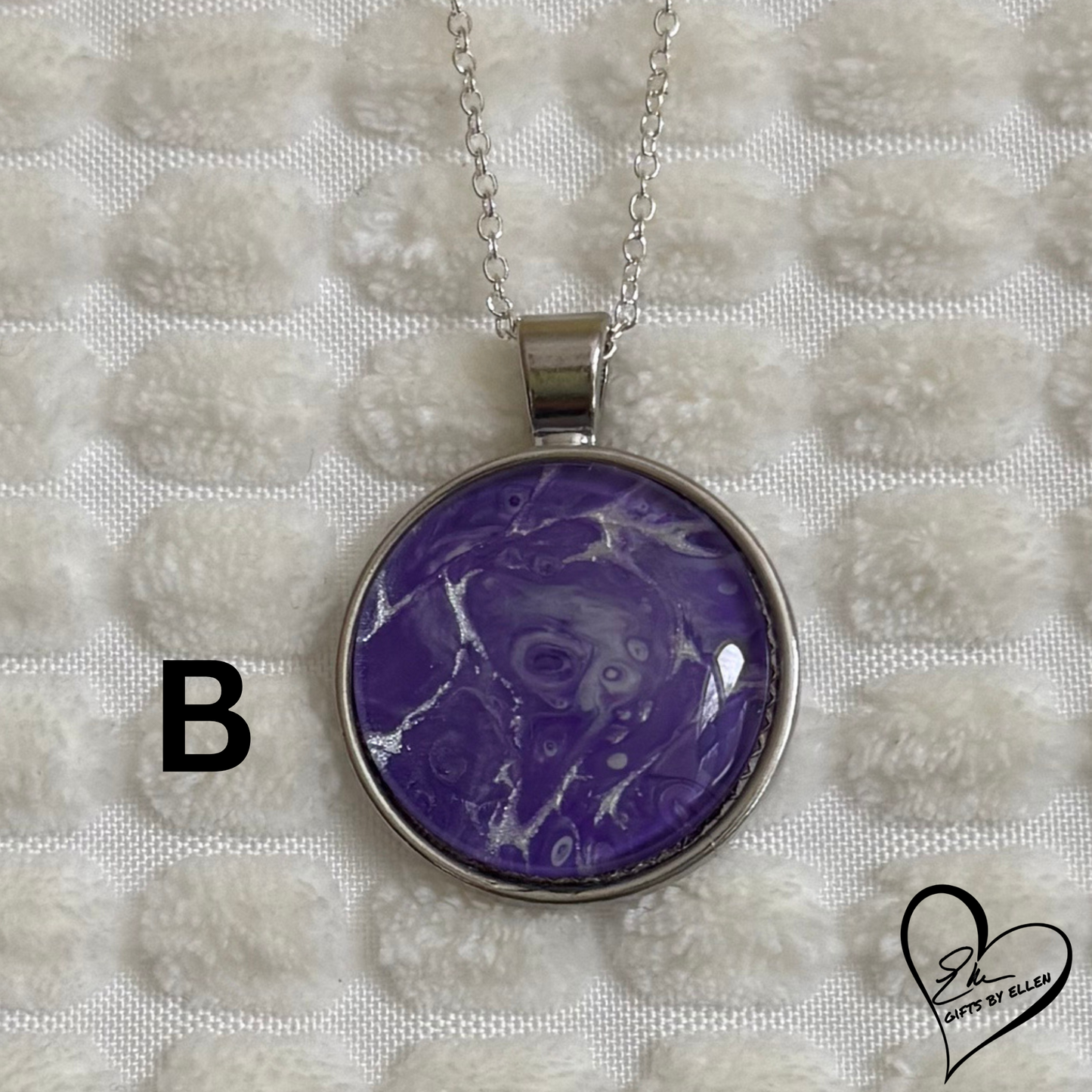 Fluid Art Necklace, Round Pendant, Glass Cabochon, Purple Passion Collection