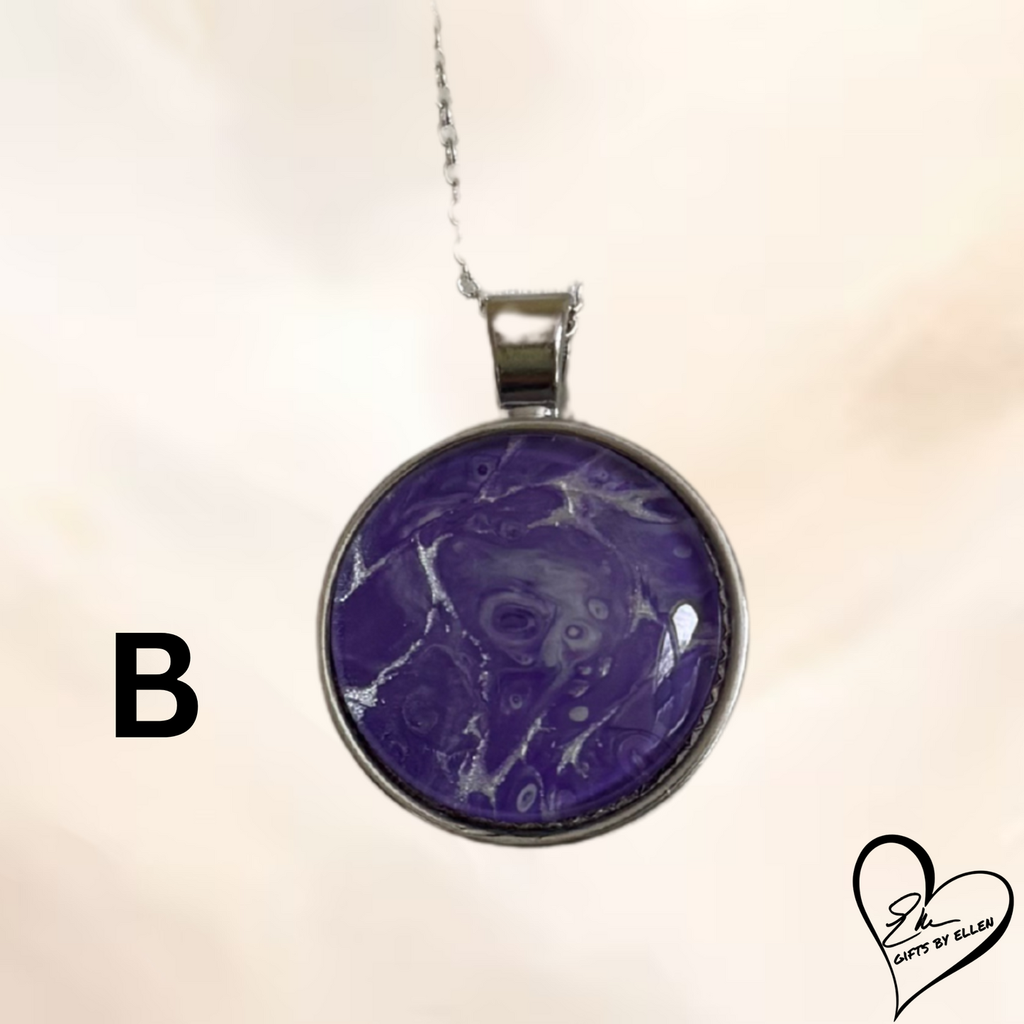 Fluid Art Necklace, Round Pendant, Glass Cabochon, Purple Passion Collection