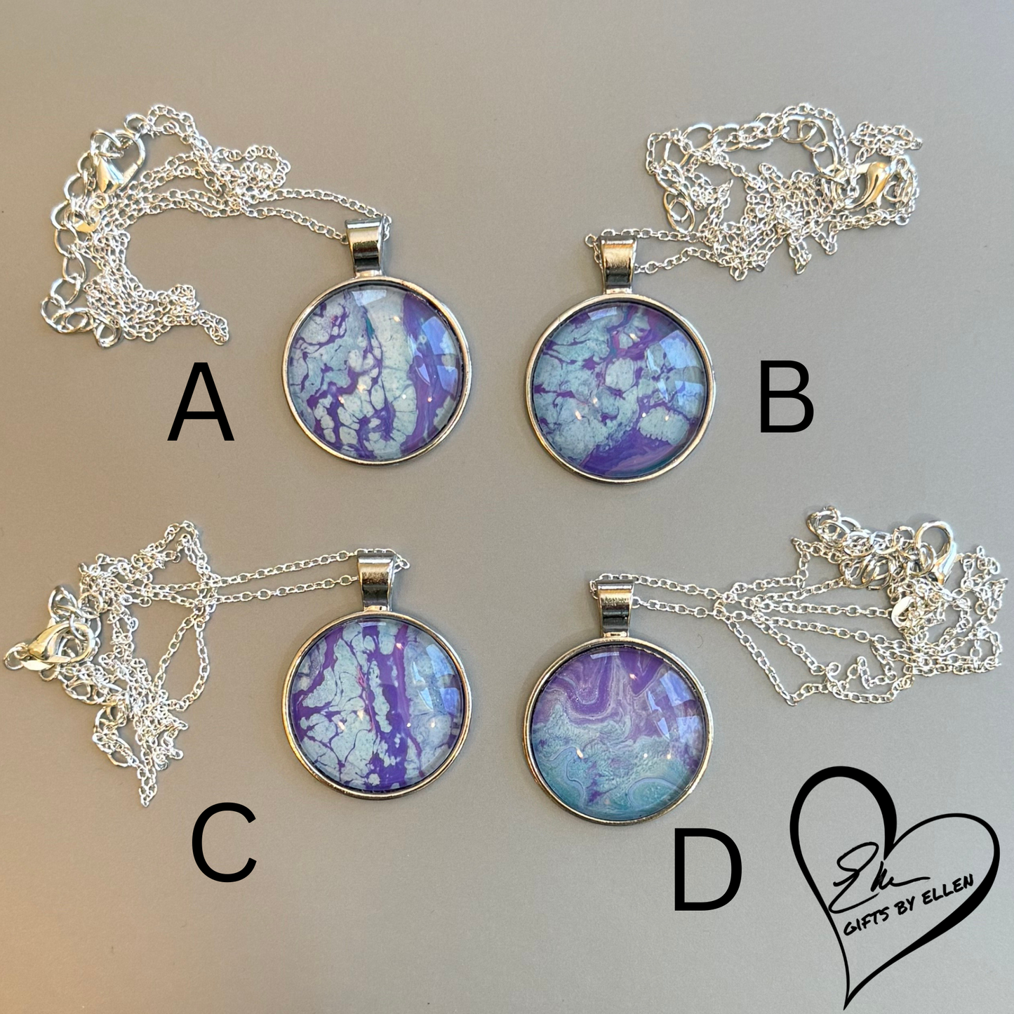 Fluid Art Necklace, Round Pendant, Glass Cabochon, Purploma Collection