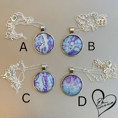 Fluid Art Necklace, Round Pendant, Glass Cabochon, Purploma Collection