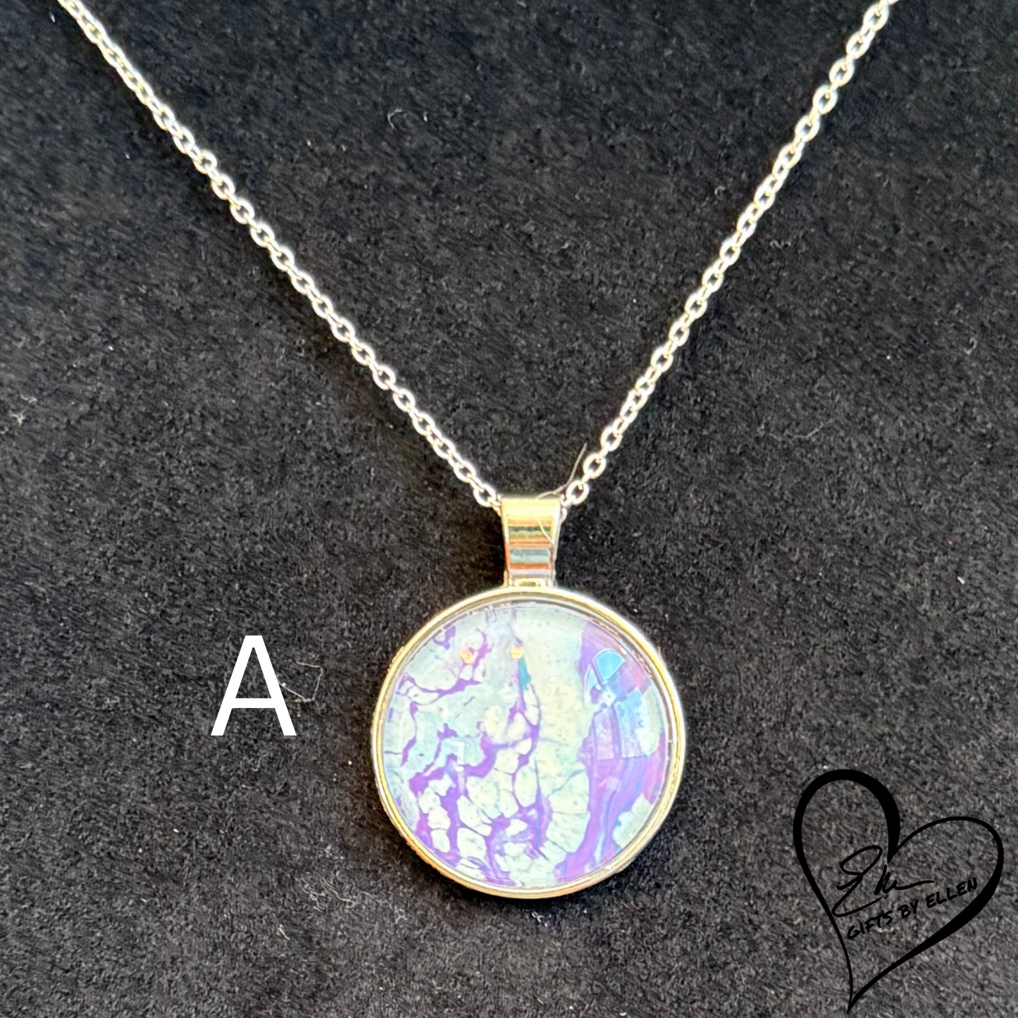 Fluid Art Necklace, Round Pendant, Glass Cabochon, Purploma Collection