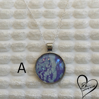 Fluid Art Necklace, Round Pendant, Glass Cabochon, Purploma Collection