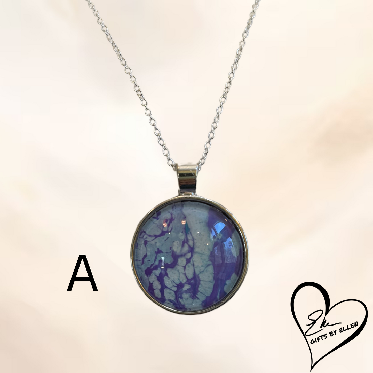 Fluid Art Necklace, Round Pendant, Glass Cabochon, Purploma Collection