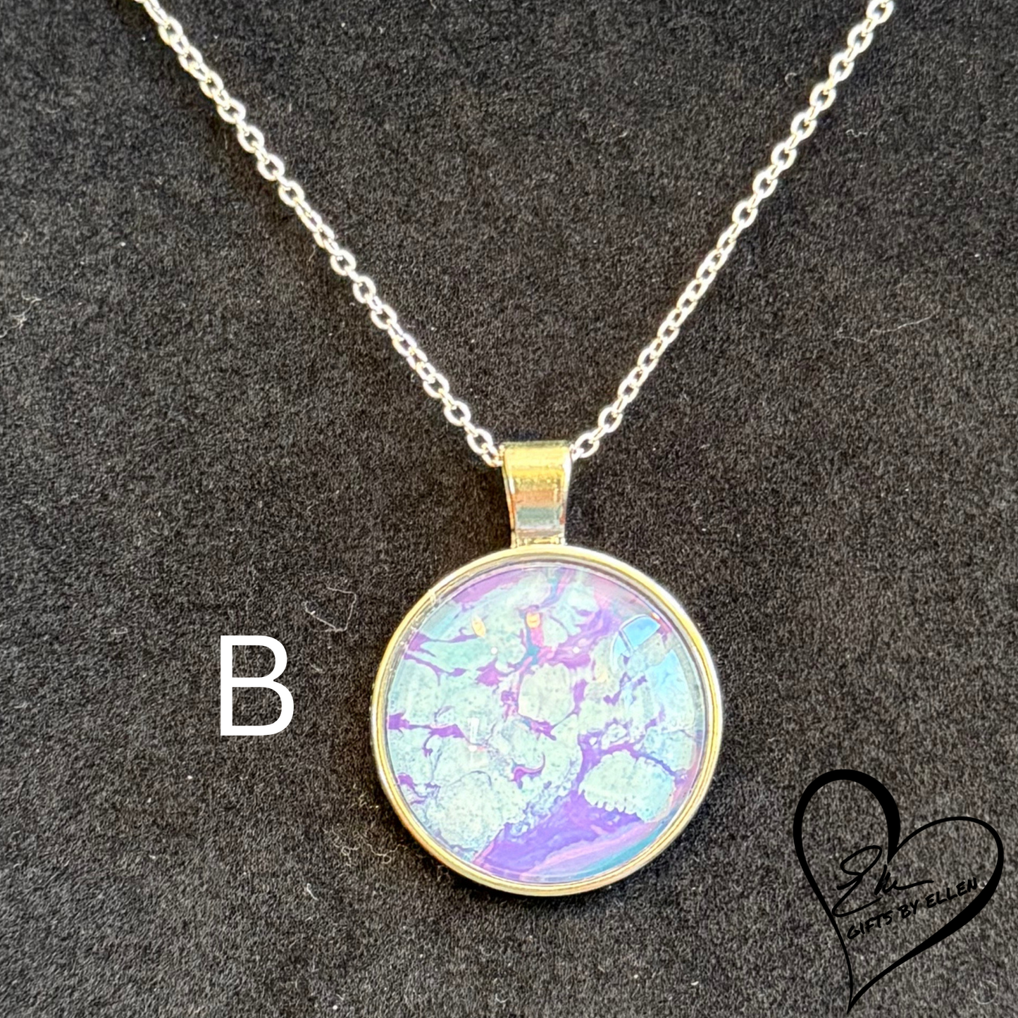 Fluid Art Necklace, Round Pendant, Glass Cabochon, Purploma Collection