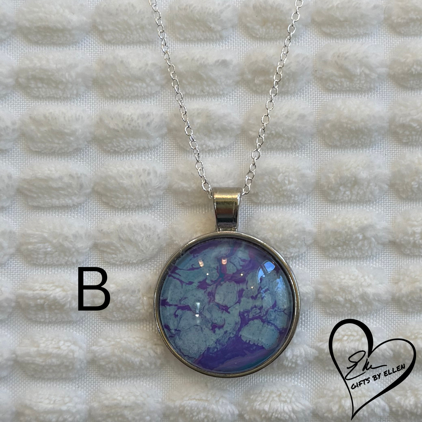 Fluid Art Necklace, Round Pendant, Glass Cabochon, Purploma Collection