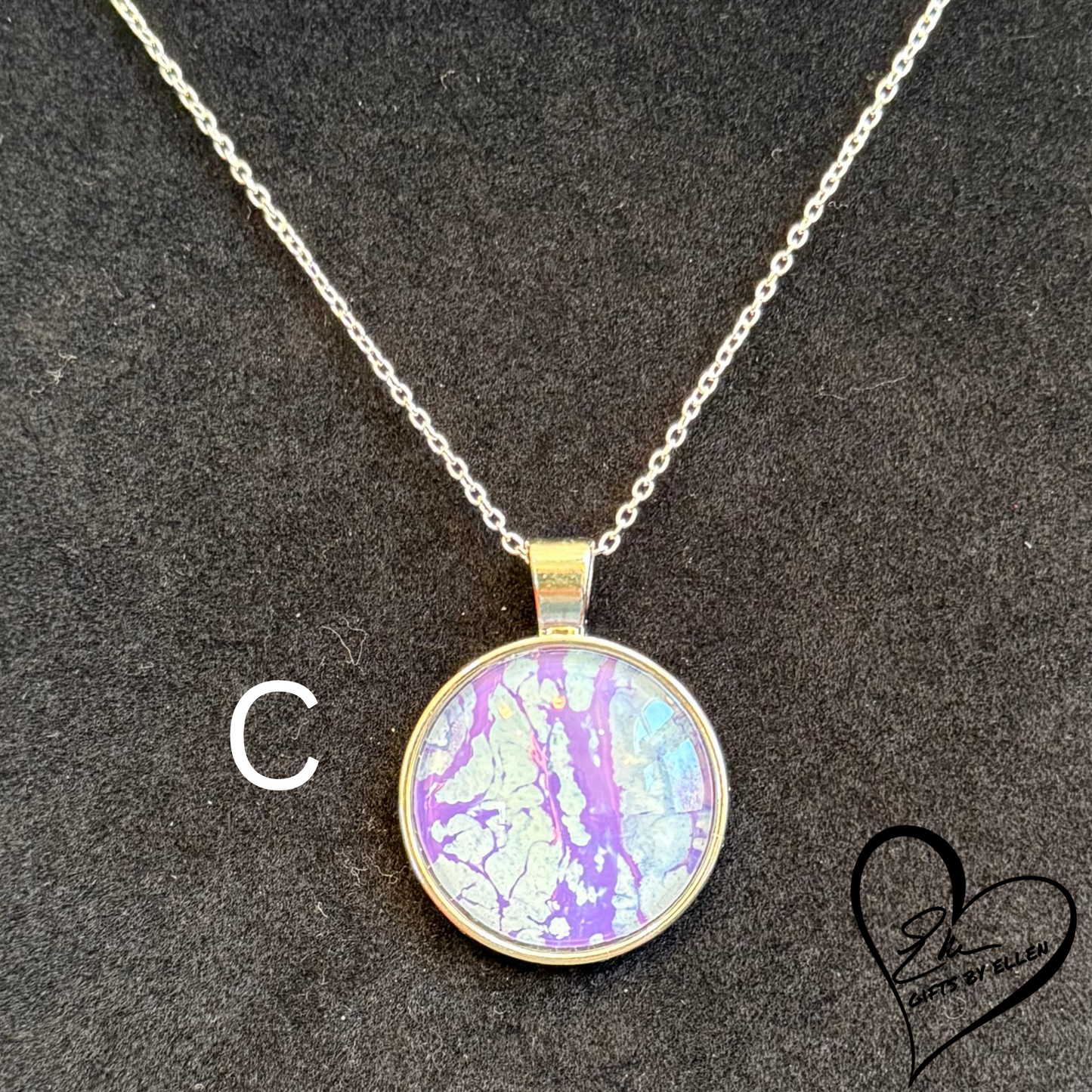 Fluid Art Necklace, Round Pendant, Glass Cabochon, Purploma Collection