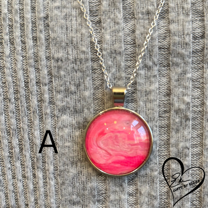 Fluid Art Necklace, Round Pendant, Glass Cabochon, Pretty in Pink Collection