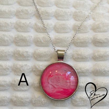 Fluid Art Necklace, Round Pendant, Glass Cabochon, Pretty in Pink Collection