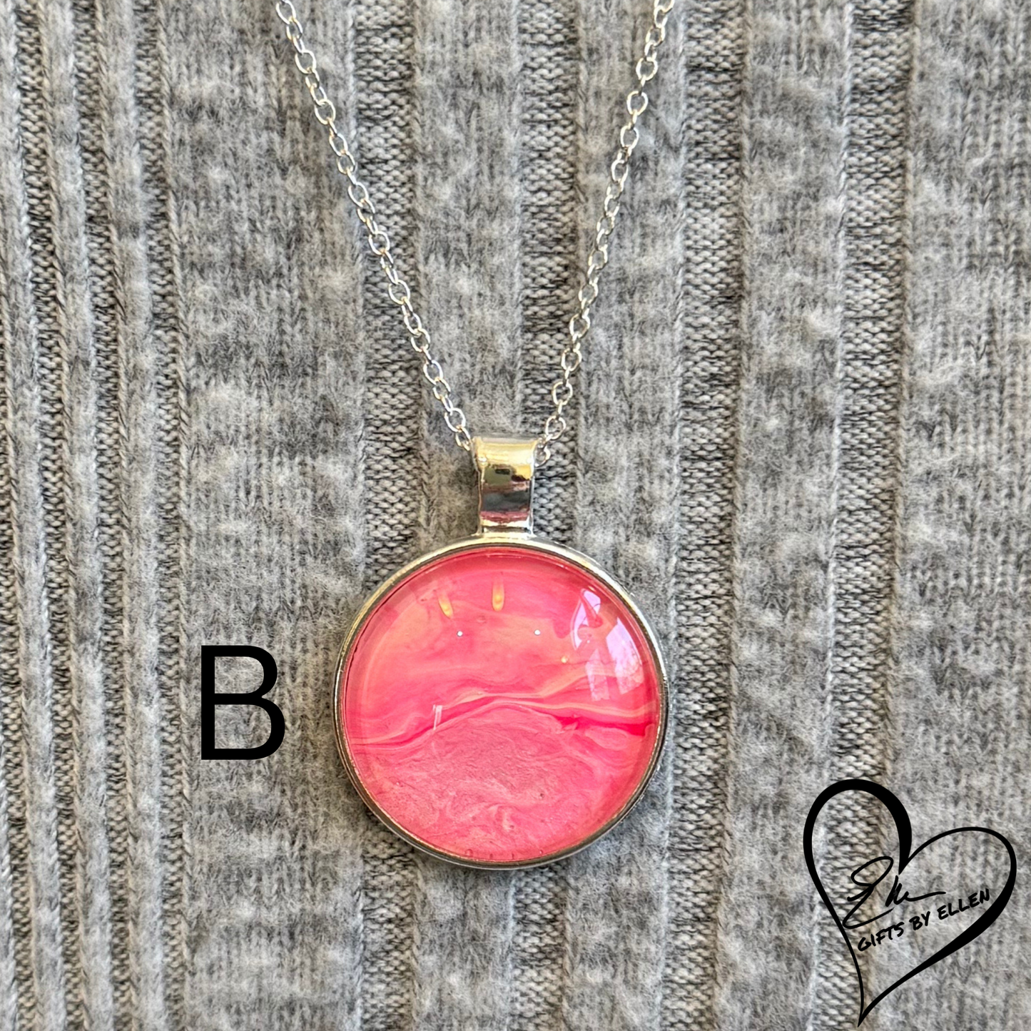 Fluid Art Necklace, Round Pendant, Glass Cabochon, Pretty in Pink Collection