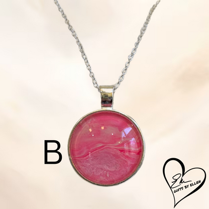 Fluid Art Necklace, Round Pendant, Glass Cabochon, Pretty in Pink Collection