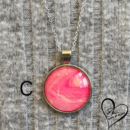 Fluid Art Necklace, Round Pendant, Glass Cabochon, Pretty in Pink Collection