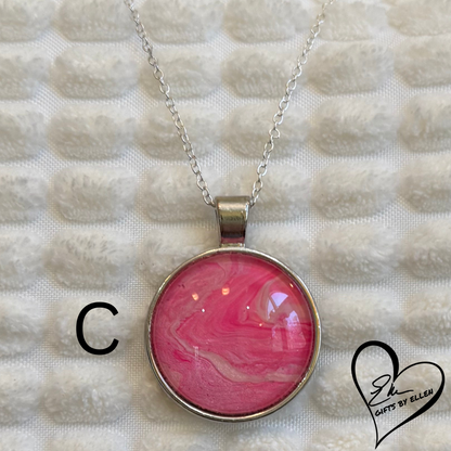 Fluid Art Necklace, Round Pendant, Glass Cabochon, Pretty in Pink Collection