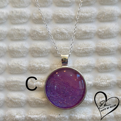 Fluid Art Necklace, Round Pendant, Glass Cabochon, Mystic Purple Collection