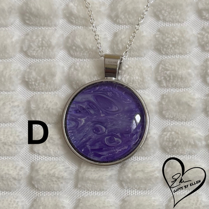 Fluid Art Necklace, Round Pendant, Glass Cabochon, Purple Passion Collection